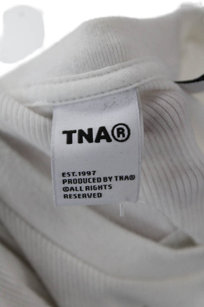 TNA Women Cropped Basic T-Shirt White Long Sleeve Crew Neck Button Size XS