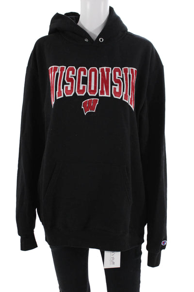 Champion Men Pullover Hoodie Black College Graphic Drawstring Size L