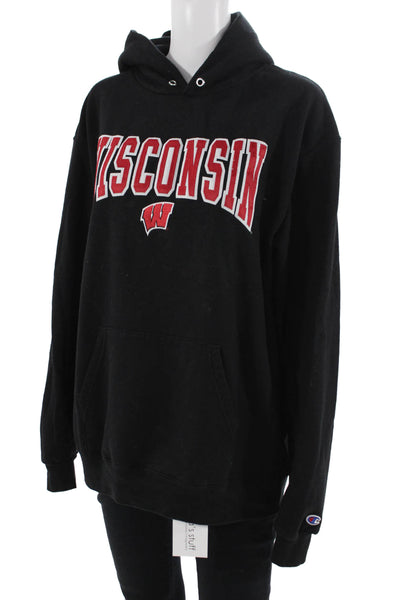 Champion Men Pullover Hoodie Black College Graphic Drawstring Size L