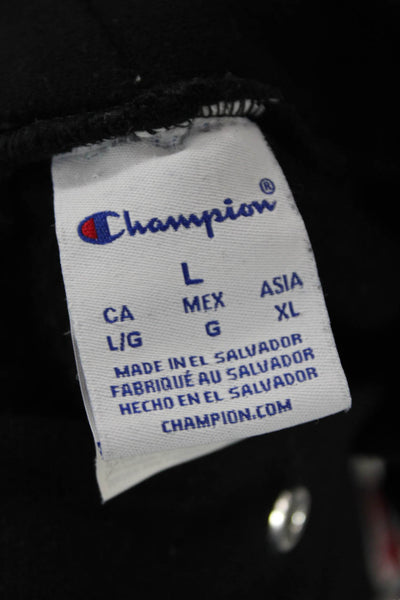Champion Men Pullover Hoodie Black College Graphic Drawstring Size L