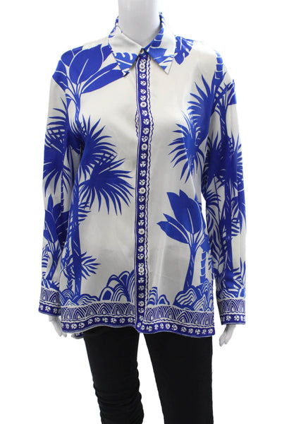 Zara Women Blue Collared Graphic Button-Up Blouse Long Sleeve Size XS