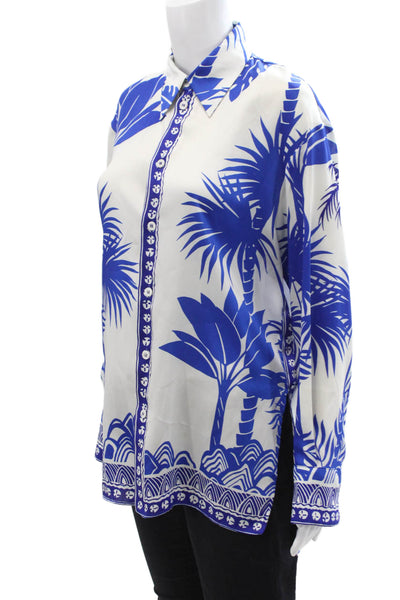 Zara Women Blue Collared Graphic Button-Up Blouse Long Sleeve Size XS