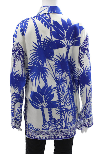 Zara Women Blue Collared Graphic Button-Up Blouse Long Sleeve Size XS