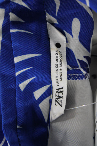 Zara Women Blue Collared Graphic Button-Up Blouse Long Sleeve Size XS