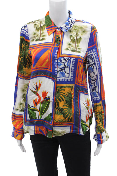 Ecru Womens Blue Floral Button-Up Blouse Collared Long Sleeve Viscose Size S