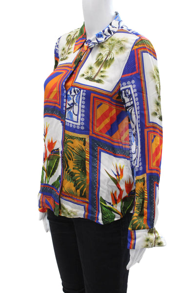 Ecru Womens Blue Floral Button-Up Blouse Collared Long Sleeve Viscose Size S