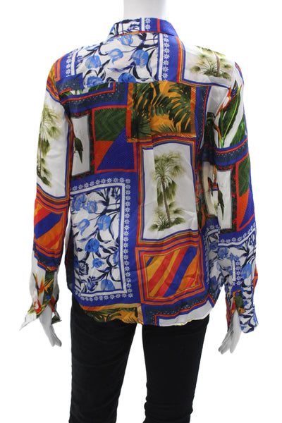 Ecru Womens Blue Floral Button-Up Blouse Collared Long Sleeve Viscose Size S