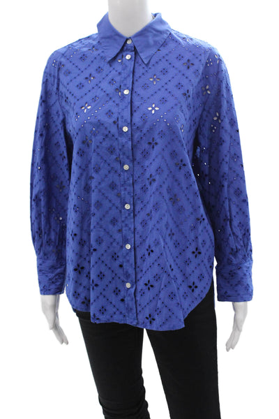 MNG Womens Blue Geometric Cotton Collared Button-Up Blouse Long Sleeve Size 2