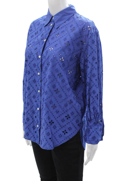 MNG Womens Blue Geometric Cotton Collared Button-Up Blouse Long Sleeve Size 2