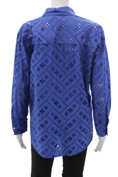 MNG Womens Blue Geometric Cotton Collared Button-Up Blouse Long Sleeve Size 2