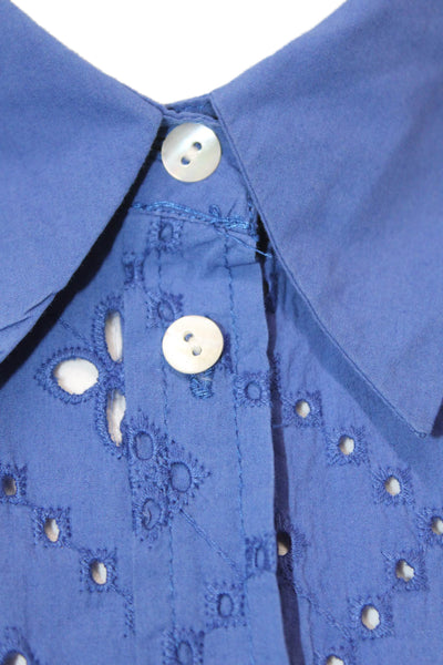 MNG Womens Blue Geometric Cotton Collared Button-Up Blouse Long Sleeve Size 2