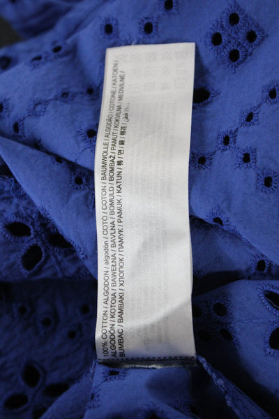 MNG Womens Blue Geometric Cotton Collared Button-Up Blouse Long Sleeve Size 2