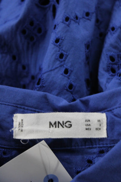 MNG Womens Blue Geometric Cotton Collared Button-Up Blouse Long Sleeve Size 2