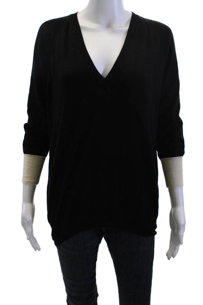 Duffy Unisex Pullover V-Neck Black 90% Wool 10% Cashmere 3/4 Sleeve Size M