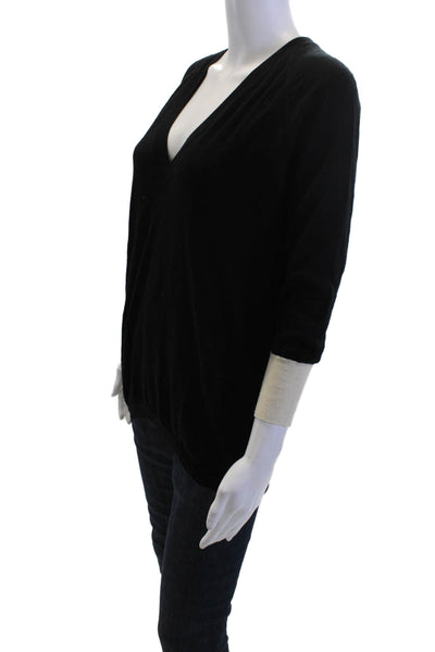 Duffy Unisex Pullover V-Neck Black 90% Wool 10% Cashmere 3/4 Sleeve Size M