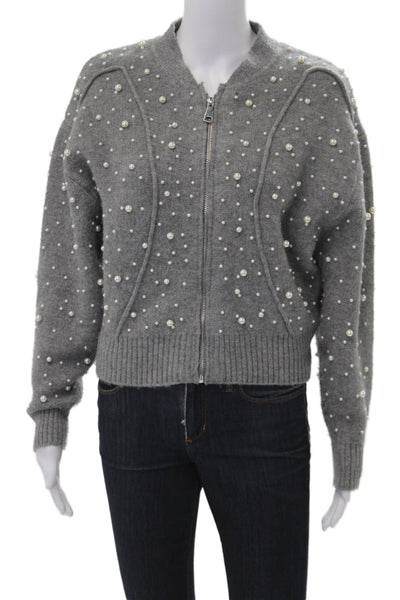 Zara Women Polka Dot Gray Full-Zip Cardigan Size M