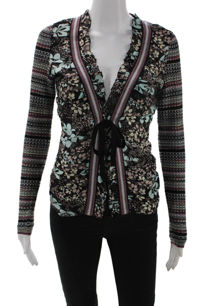 Missoni Women Black Floral-Striped Silk-Wool Blouse Long Sleeve Size 40