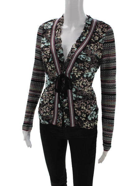 Missoni Women Black Floral-Striped Silk-Wool Blouse Long Sleeve Size 40