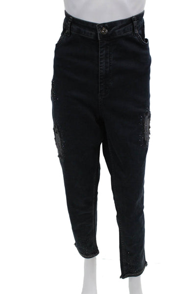 Designer Womens Tapered Mom Jeans Dark Blue High Rise Plus Size 18