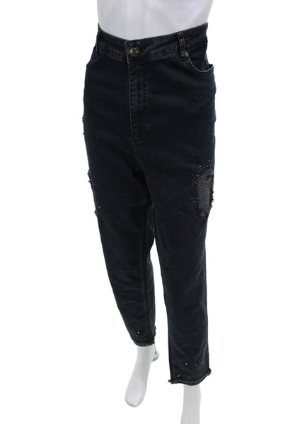 Designer Womens Tapered Mom Jeans Dark Blue High Rise Plus Size 18
