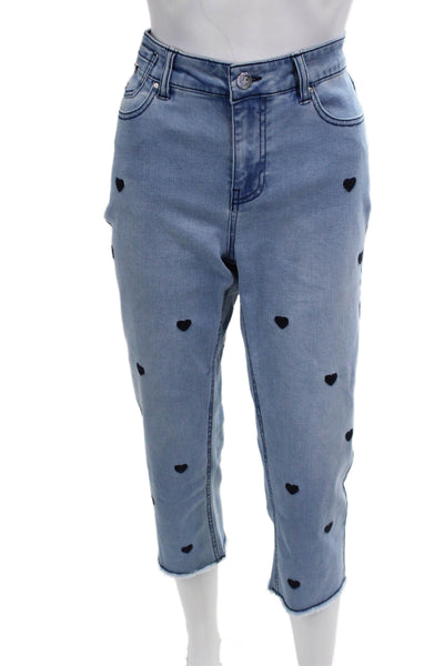 Renuar, Women Cropped Straight Jeans Light Blue Button Heart Size 14