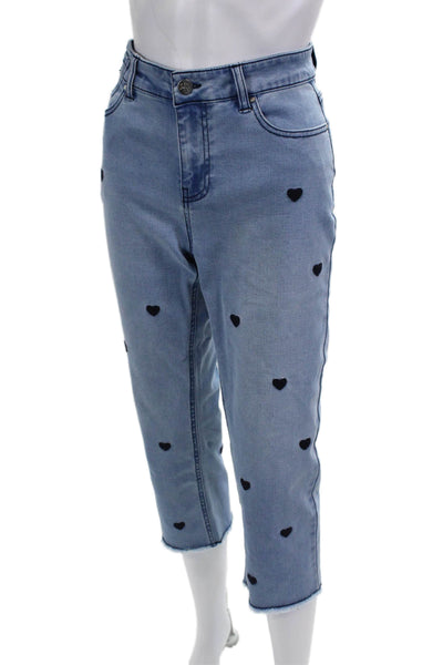 Renuar, Women Cropped Straight Jeans Light Blue Button Heart Size 14