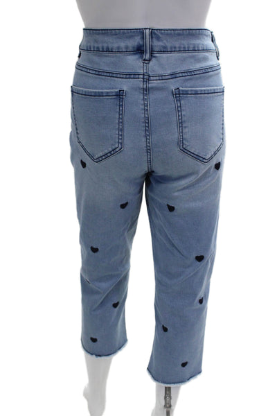 Renuar, Women Cropped Straight Jeans Light Blue Button Heart Size 14