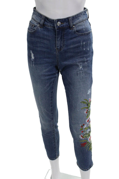 Renuar Women Ankle Cropped Jeans Dark Blue Floral Button Size 0