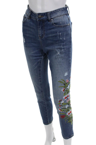 Renuar Women Ankle Cropped Jeans Dark Blue Floral Button Size 0