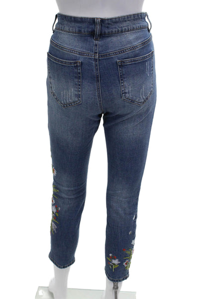 Renuar Women Ankle Cropped Jeans Dark Blue Floral Button Size 0