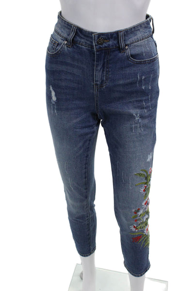 Renuar Women Dark Blue Floral Cropped Ankle Jeans Mid Rise Button Size 6