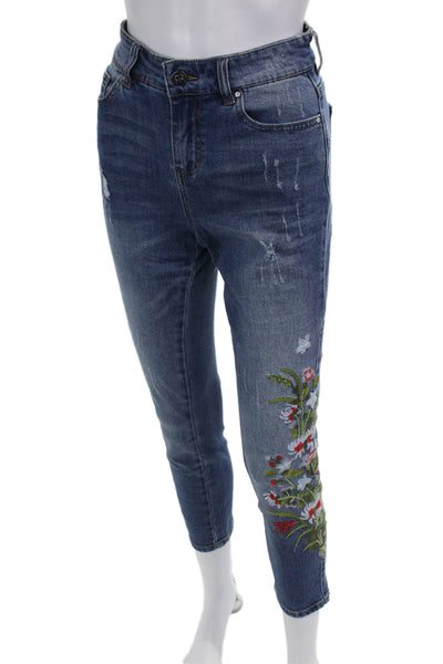 Renuar Women Dark Blue Floral Cropped Ankle Jeans Mid Rise Button Size 6