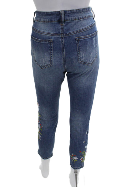 Renuar Women Dark Blue Floral Cropped Ankle Jeans Mid Rise Button Size 6