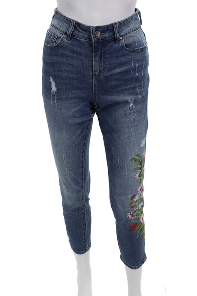 Renuar, Women Ankle Cropped Dark Blue Floral Jeans Button Mid Rise Size 4