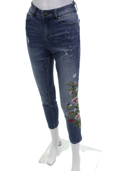 Renuar, Women Ankle Cropped Dark Blue Floral Jeans Button Mid Rise Size 4
