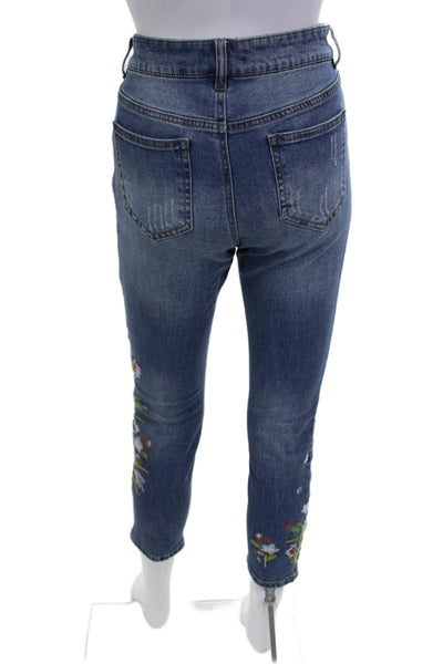 Renuar, Women Ankle Cropped Dark Blue Floral Jeans Button Mid Rise Size 4