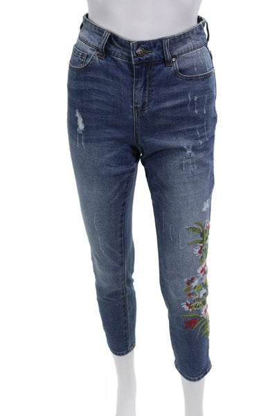 Renuar Women Dark Blue Floral High Rise Ankle Cropped Jeans Size 10