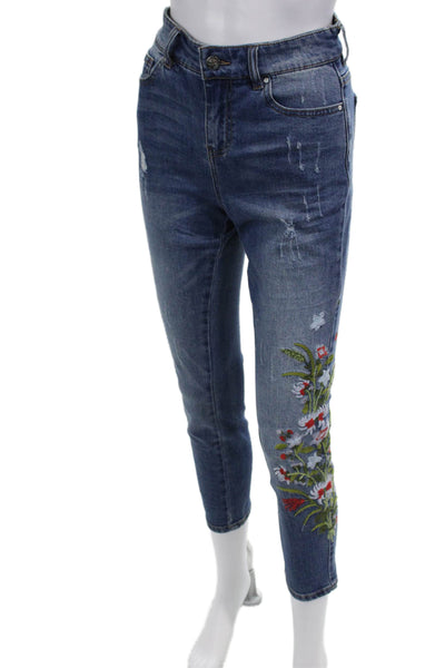 Renuar Women Dark Blue Floral High Rise Ankle Cropped Jeans Size 10