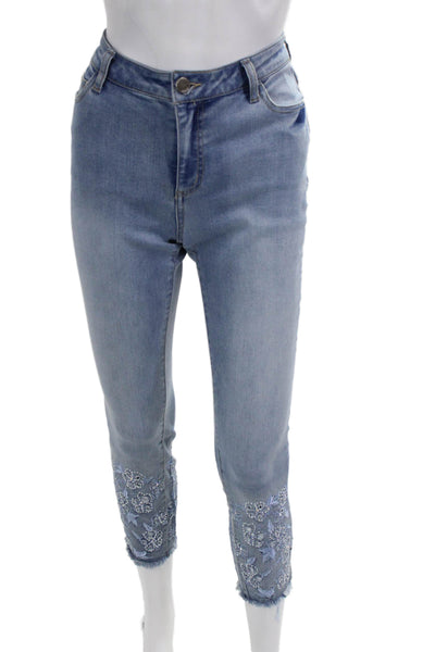 Renuar Women Ankle Cropped Jeans Light Blue Floral Button Mid Rise Size 00
