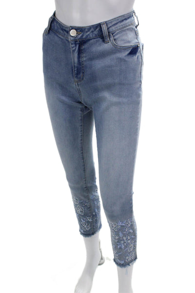 Renuar Women Ankle Cropped Jeans Light Blue Floral Button Mid Rise Size 00