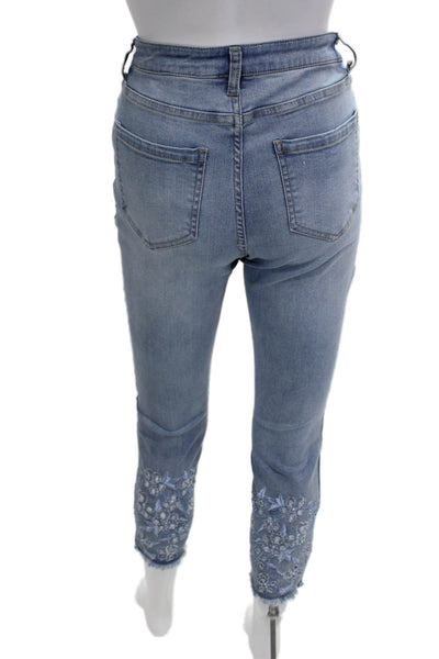 Renuar Women Ankle Cropped Jeans Light Blue Floral Button Mid Rise Size 00