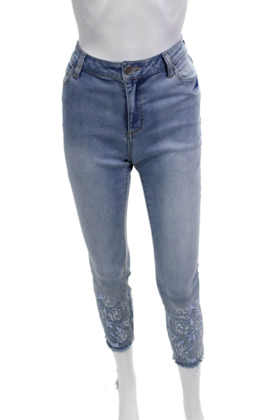 Renuar Women Light Blue Floral Ankle Cropped Skinny Jeans High Rise Size 14