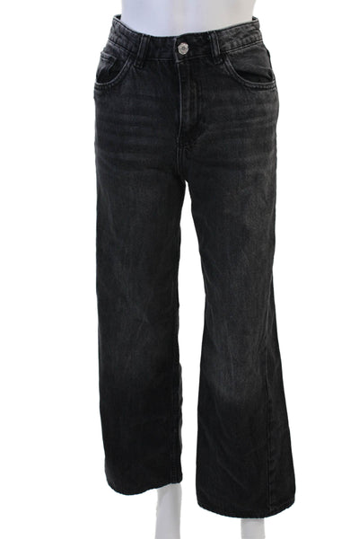 MNG Women Wide-Leg Jeans Black Button Mid-Rise 100% Cotton Size 1 Petite