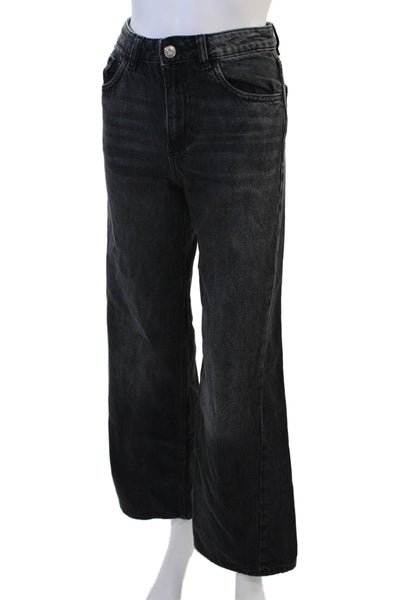 MNG Women Wide-Leg Jeans Black Button Mid-Rise 100% Cotton Size 1 Petite