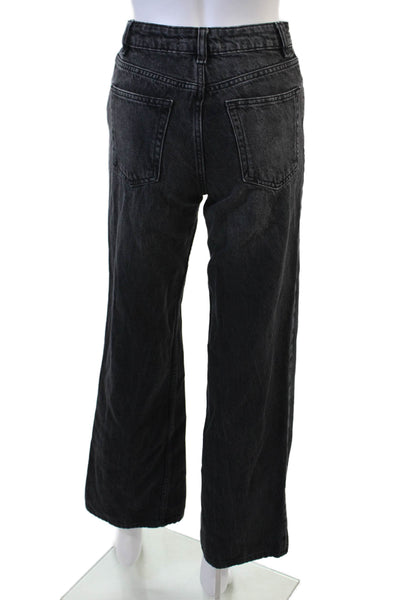 MNG Women Wide-Leg Jeans Black Button Mid-Rise 100% Cotton Size 1 Petite