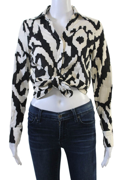 Rachel Zoe Women Cropped Black Geometric Collared Button-Up Blouse Size XS
