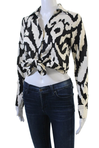 Rachel Zoe Women Cropped Black Geometric Collared Button-Up Blouse Size XS