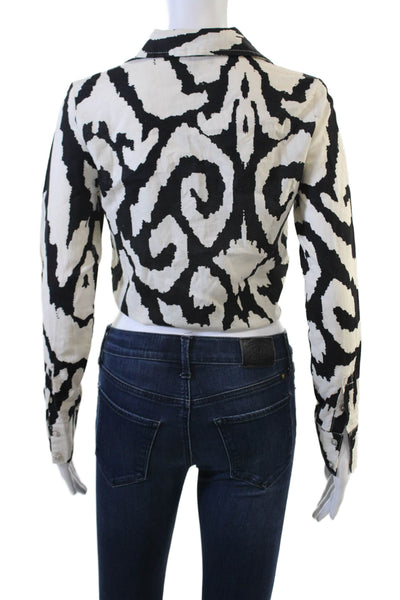 Rachel Zoe Women Cropped Black Geometric Collared Button-Up Blouse Size XS