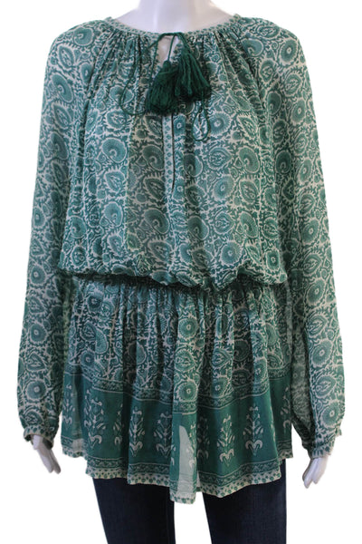 Talitha Women Tunic Blouse Paisley Silk Long Sleeve Drawstring Bohemian Size M