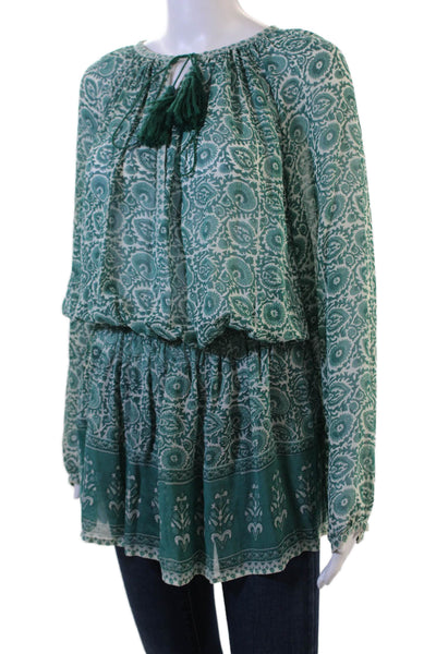 Talitha Women Tunic Blouse Paisley Silk Long Sleeve Drawstring Bohemian Size M